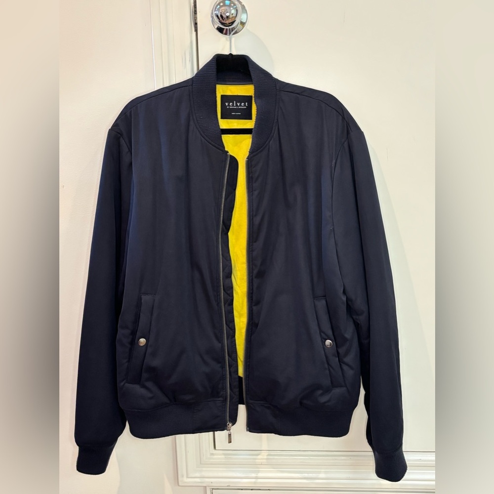 Velvet by Graham & Spencer Men’s Navy Blue Bomber Jacket with Yellow Lining